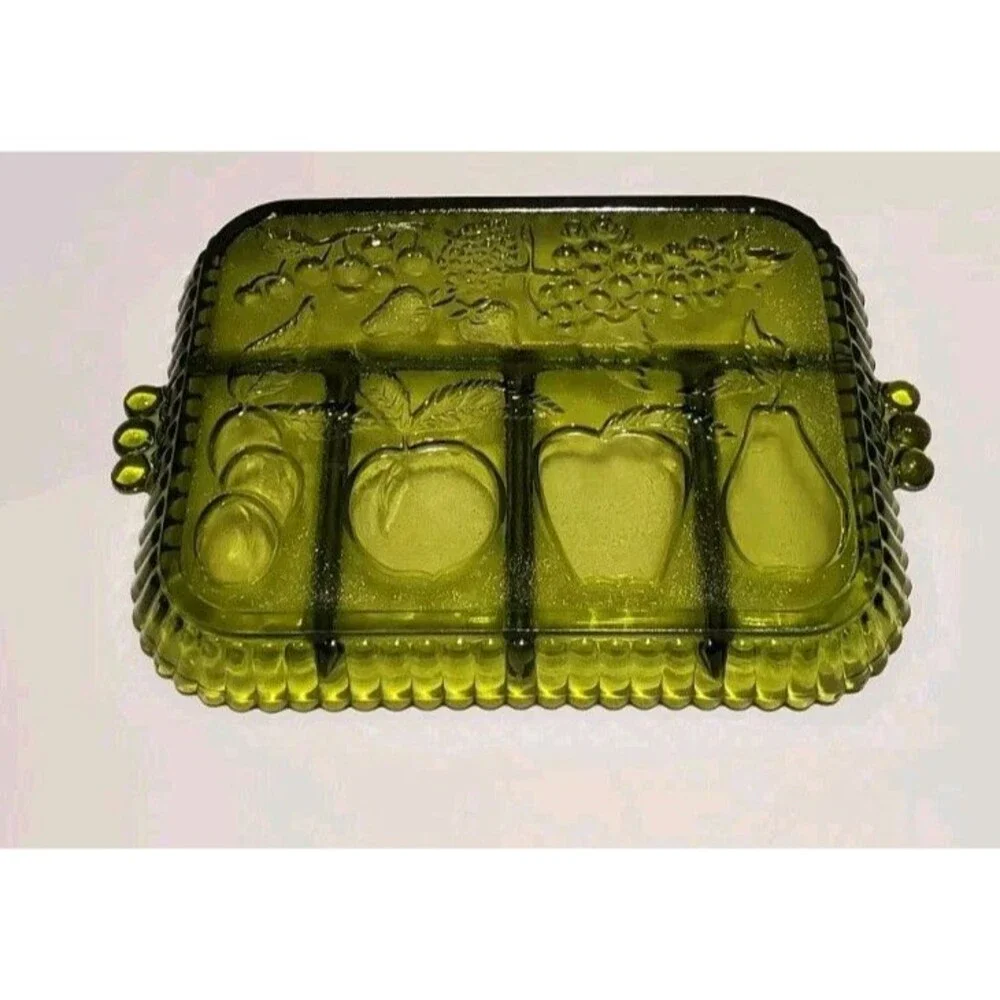 Green Indiana Glass Divided Serving Rectangular Tray 5 Compartments Fruits Vtg